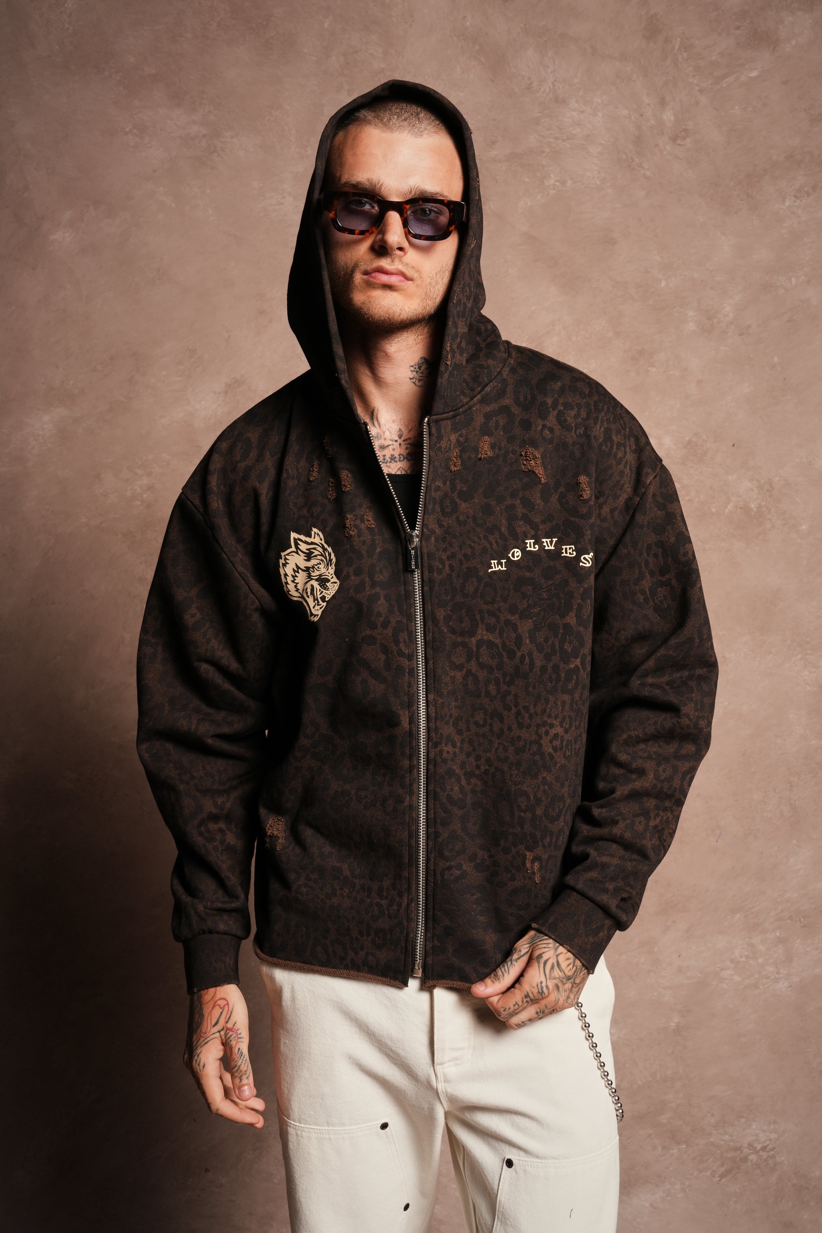 Mickey Mouse Pyramid Distressed Grunge Mid Length Raw Hem Zip