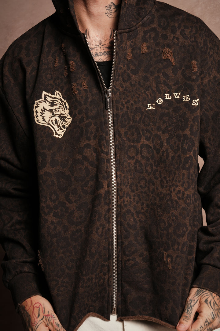 Mickey Mouse Pyramid Distressed Grunge Mid Length Raw Hem Zip Hoodie in Darc Brown Leopard