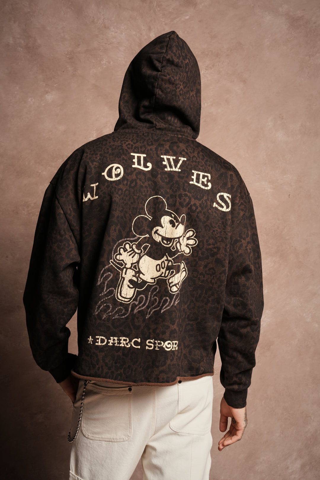 Mickey Mouse Pyramid Distressed Grunge Mid Length Raw Hem Zip Hoodie in Darc Brown Leopard