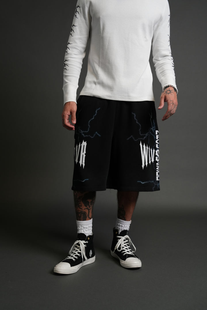 Iron Code Oversized Osiris Sweat Shorts in Black Drift Wash