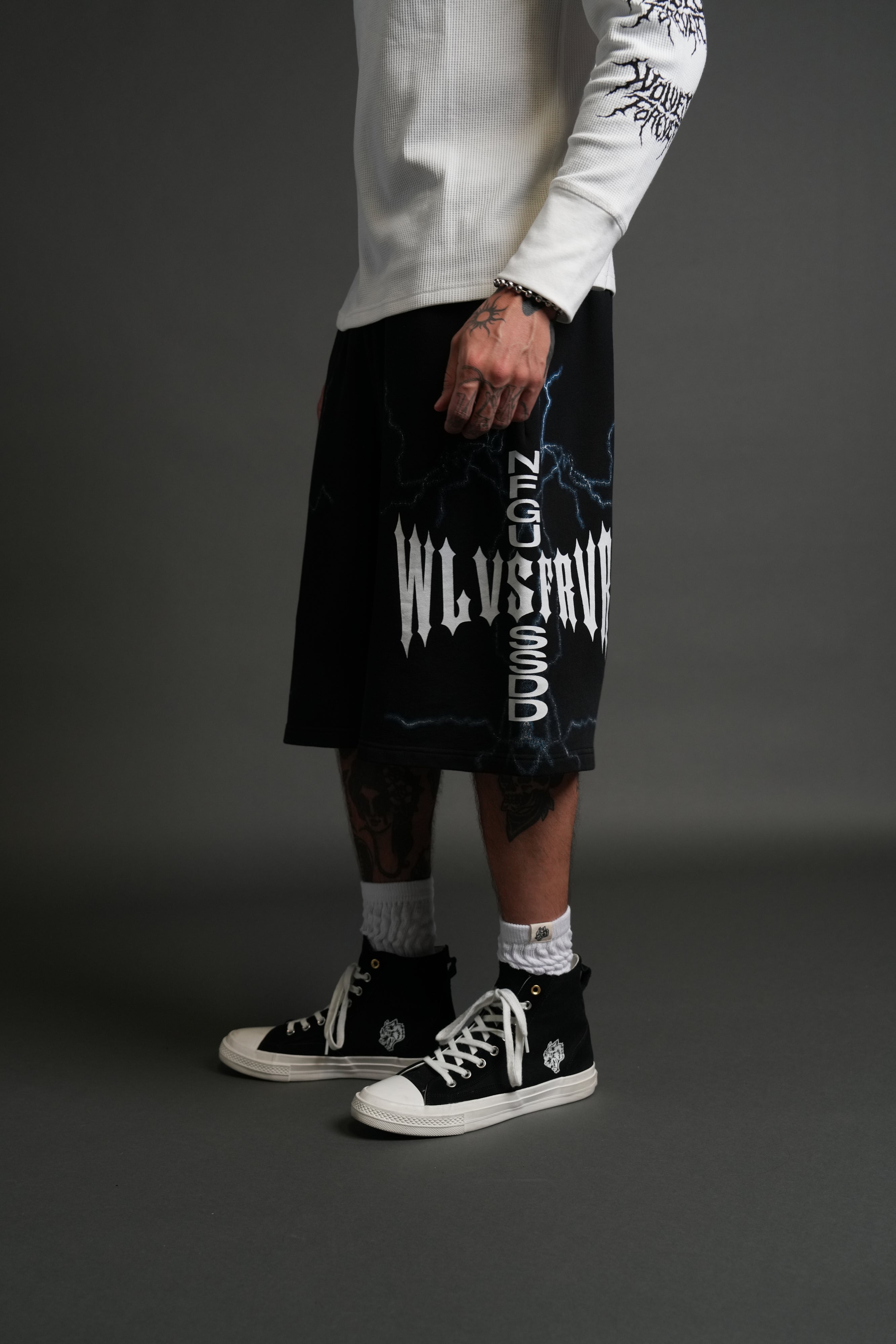 Iron Code Oversized Osiris Sweat Shorts in Black Drift Wash