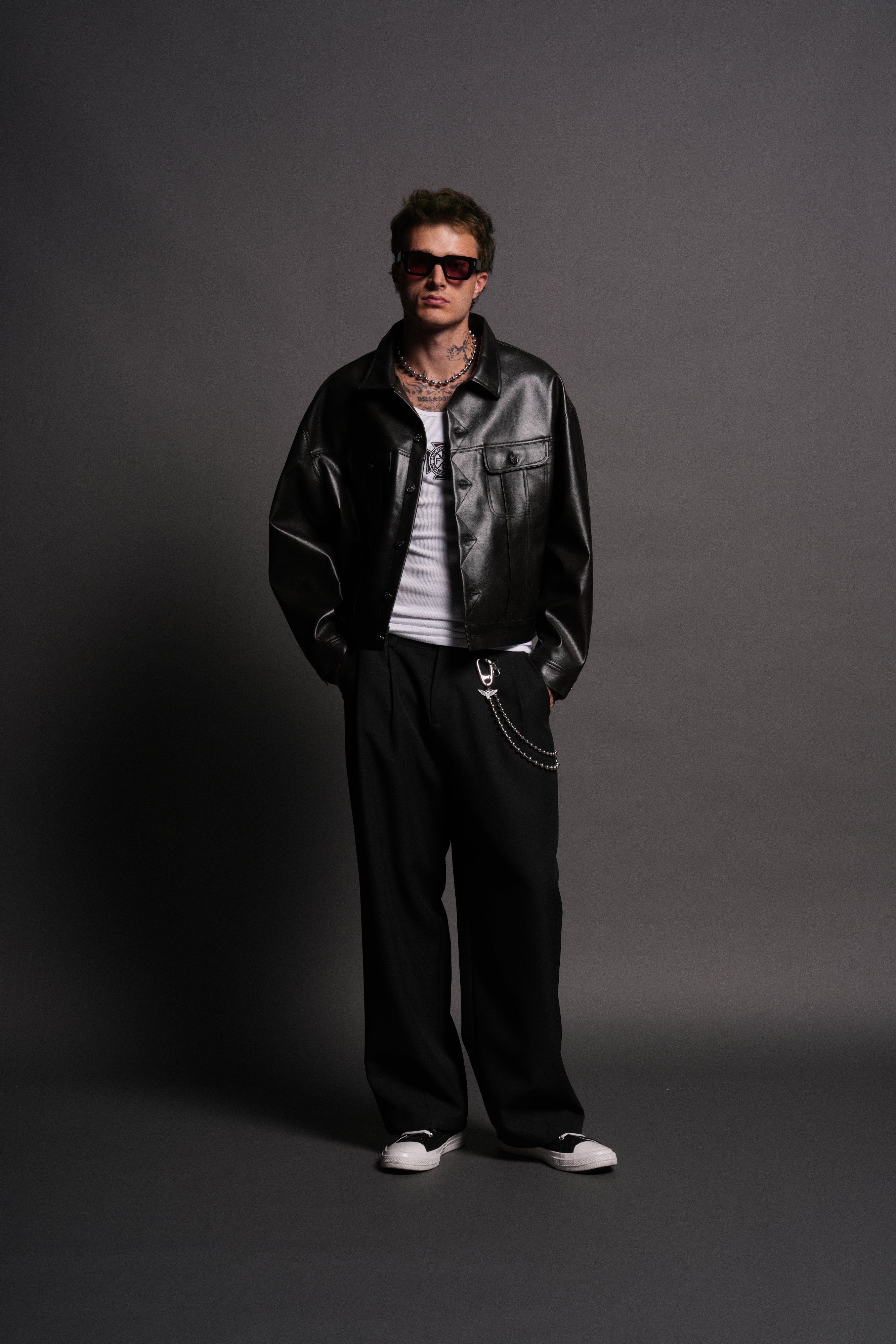 Single Wolf Faux Leather American Cropped Jacket in Darc Charcoal