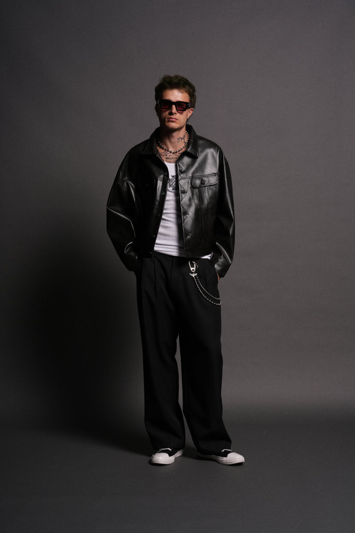 Single Wolf Faux Leather American Cropped Jacket in Darc Charcoal