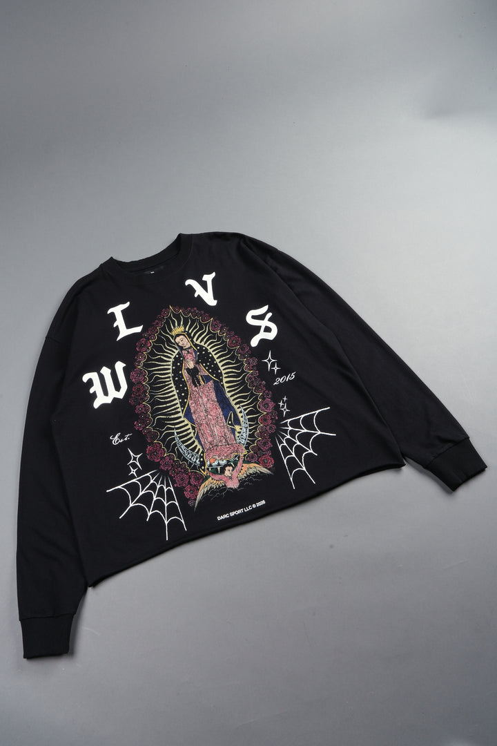 Dama De Las Rosas Grunge Mid Length Raw Hem Ls Tee In Black