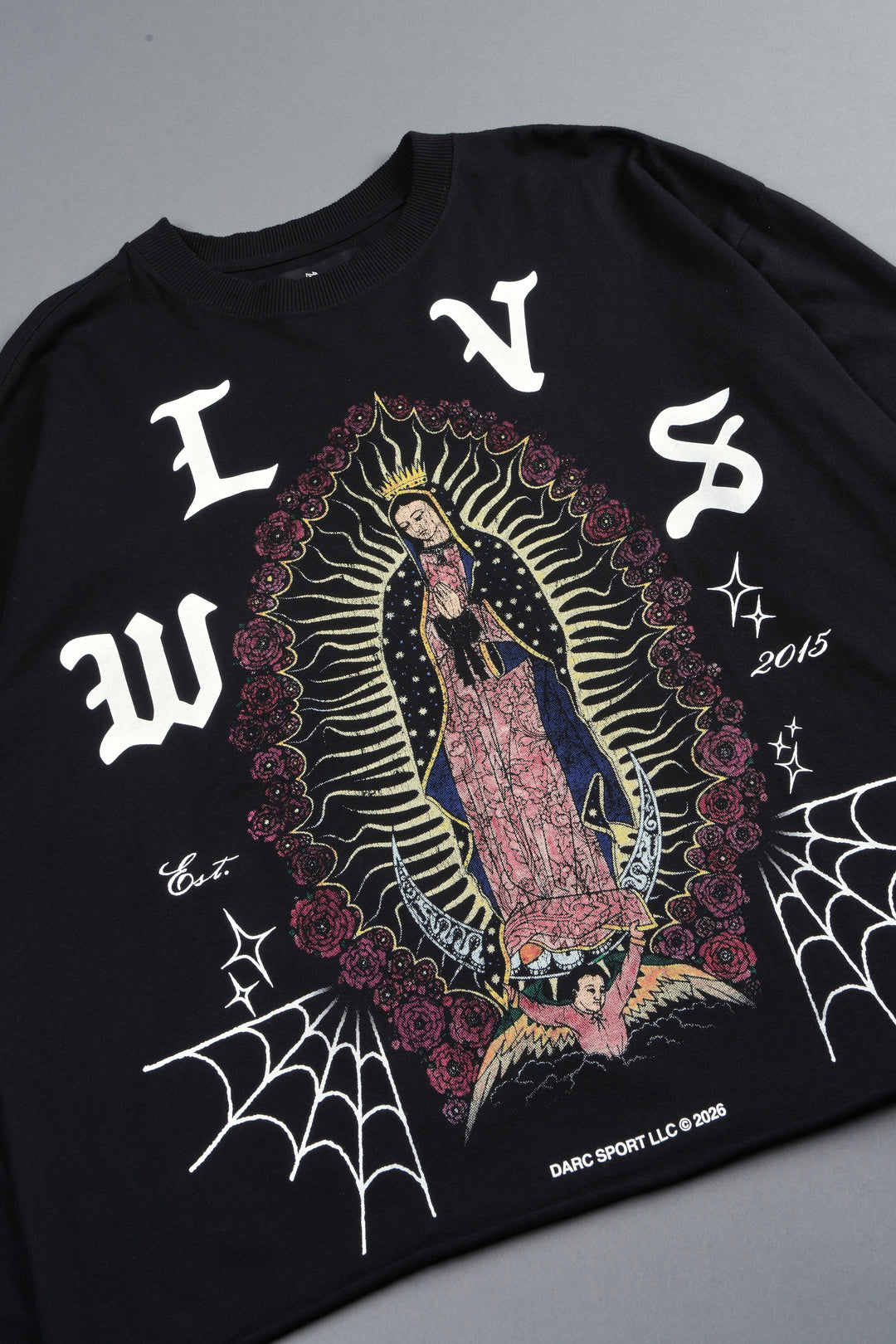 Dama De Las Rosas Grunge Mid Length Raw Hem Ls Tee In Black