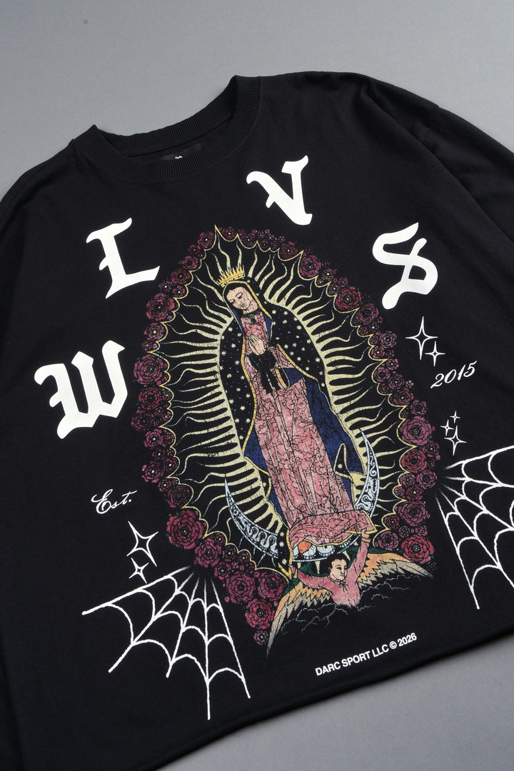 Dama De Las Rosas Grunge Mid Length Raw Hem Ls Tee In Black