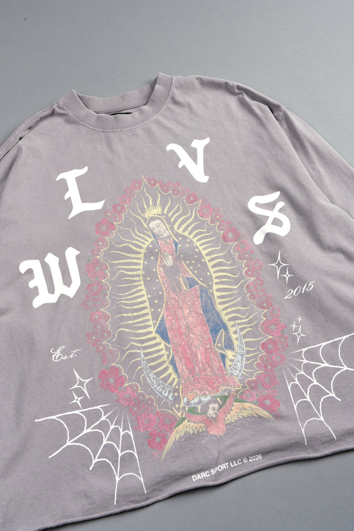 Dama De Las Rosas Grunge Mid Length Raw Hem Ls Tee In Pale Gray