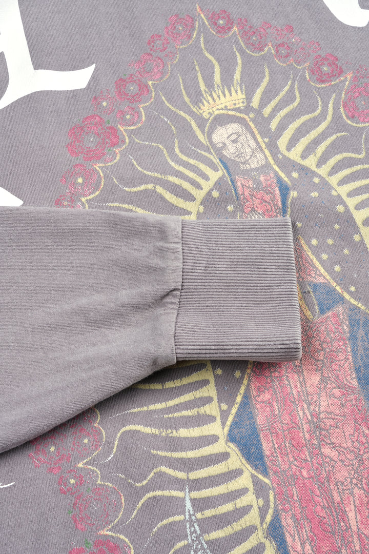 Dama De Las Rosas Grunge Mid Length Raw Hem Ls Tee In Pale Gray