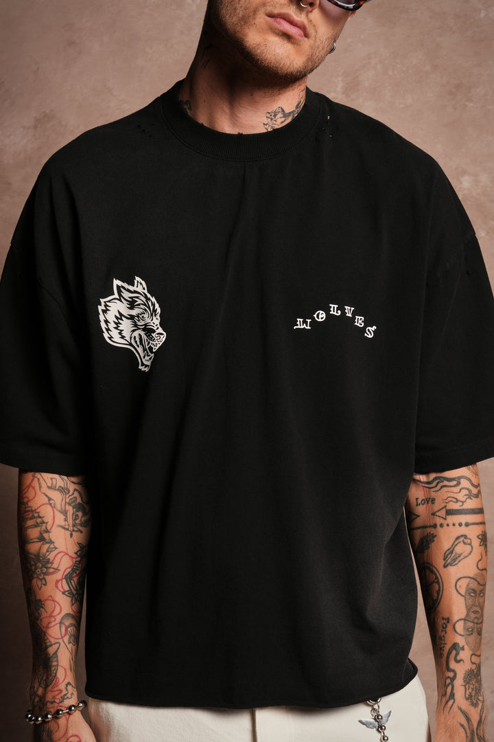 Big Bad Wolf Pyramd Distressed Grunge Box Cut Tee V2 in Black Sun Fade