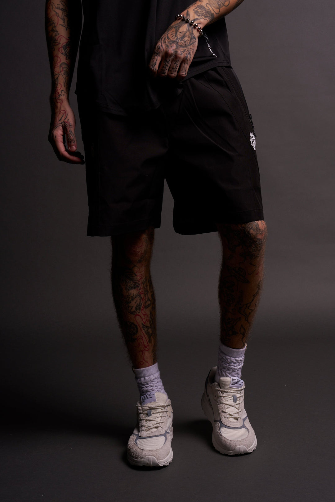 Dual Wolf Chopper Brolic Track Shorts in Black/Black