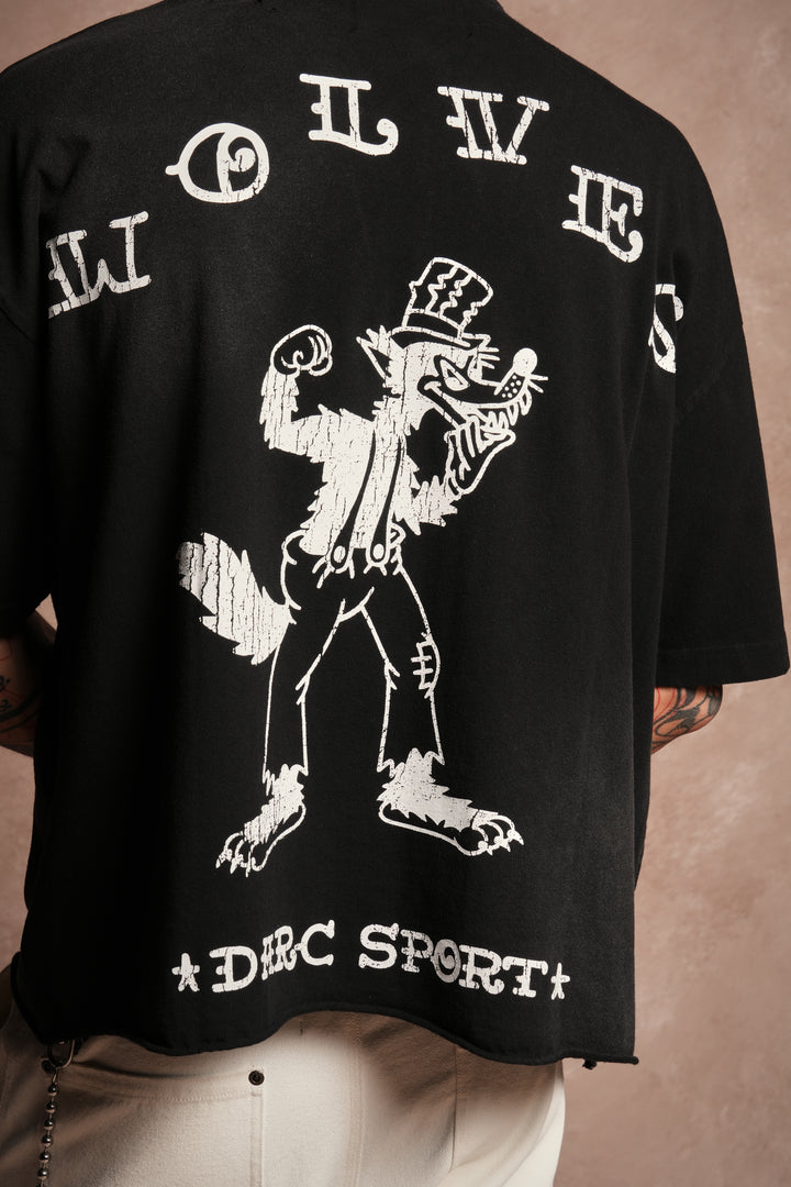 Big Bad Wolf Pyramd Distressed Grunge Box Cut Tee V2 in Black Sun Fade