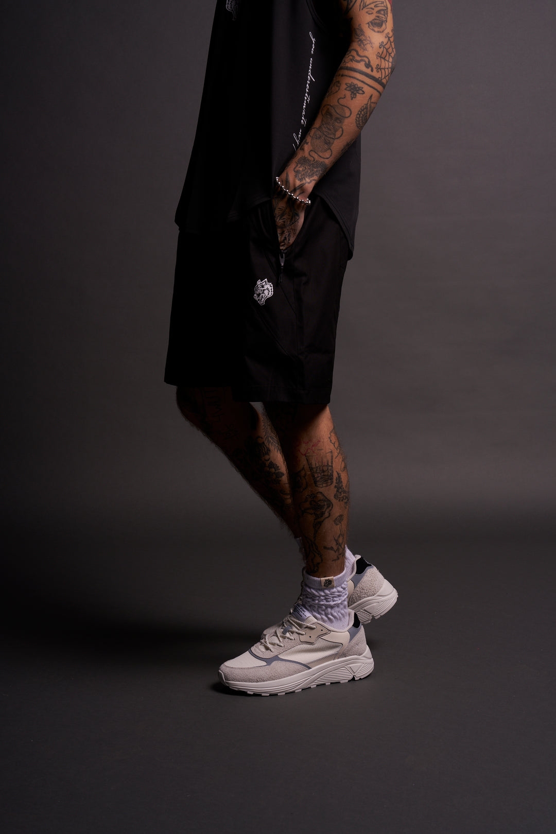 Dual Wolf Chopper Brolic Track Shorts in Black/Black