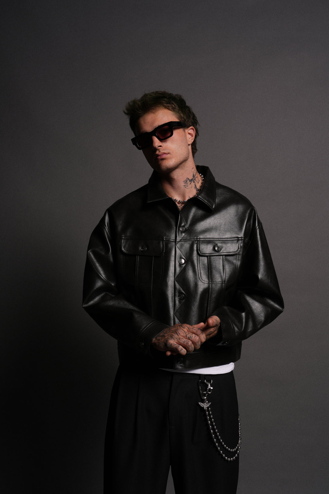 Single Wolf Faux Leather American Cropped Jacket in Darc Charcoal