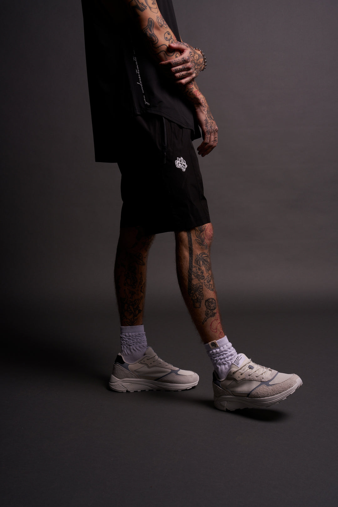 Dual Wolf Chopper Brolic Track Shorts in Black/Black