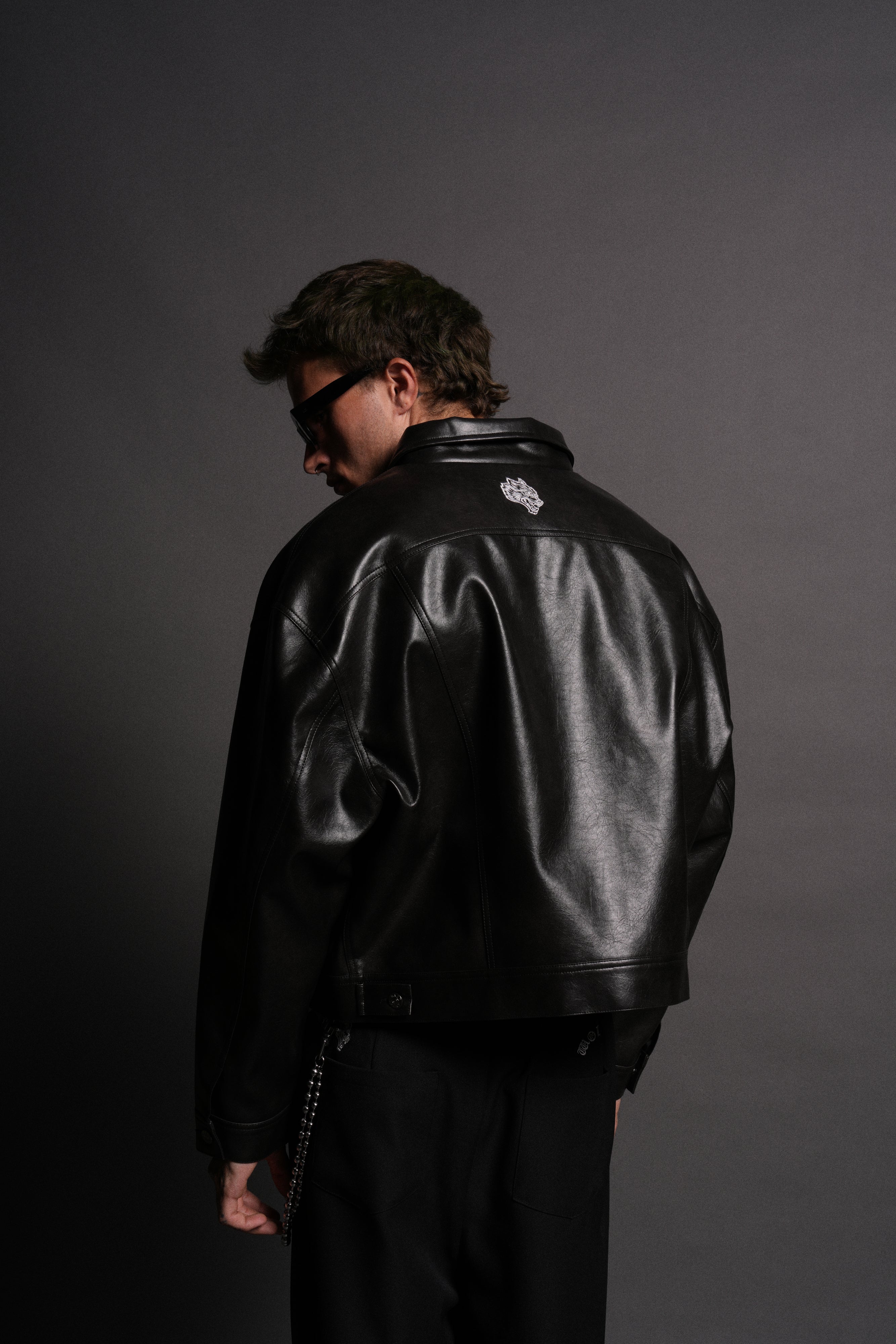 Single Wolf Faux Leather American Cropped Jacket in Darc Charcoal