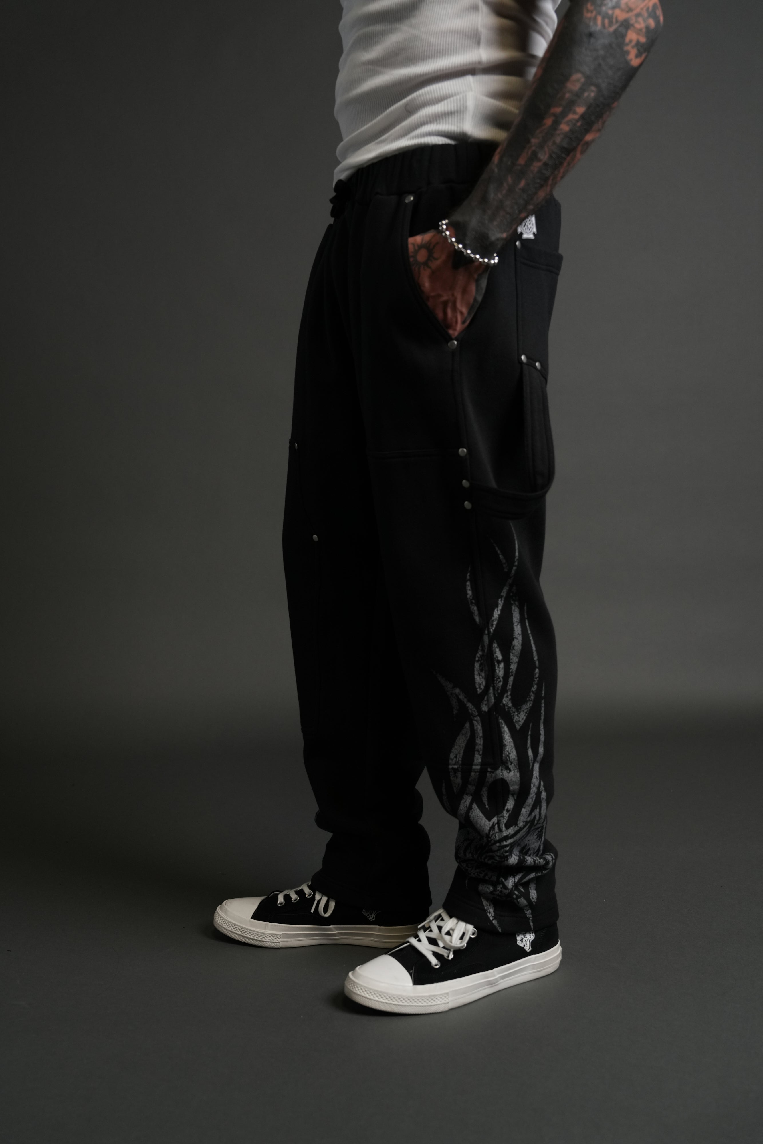 Finite Flame Rivet Fleece Sweat Pants in Black