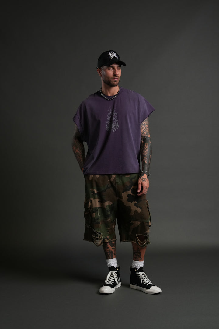 Finite Flame Grunge Cut-Off Tee in Phantom Purple Inverted Sun Fade