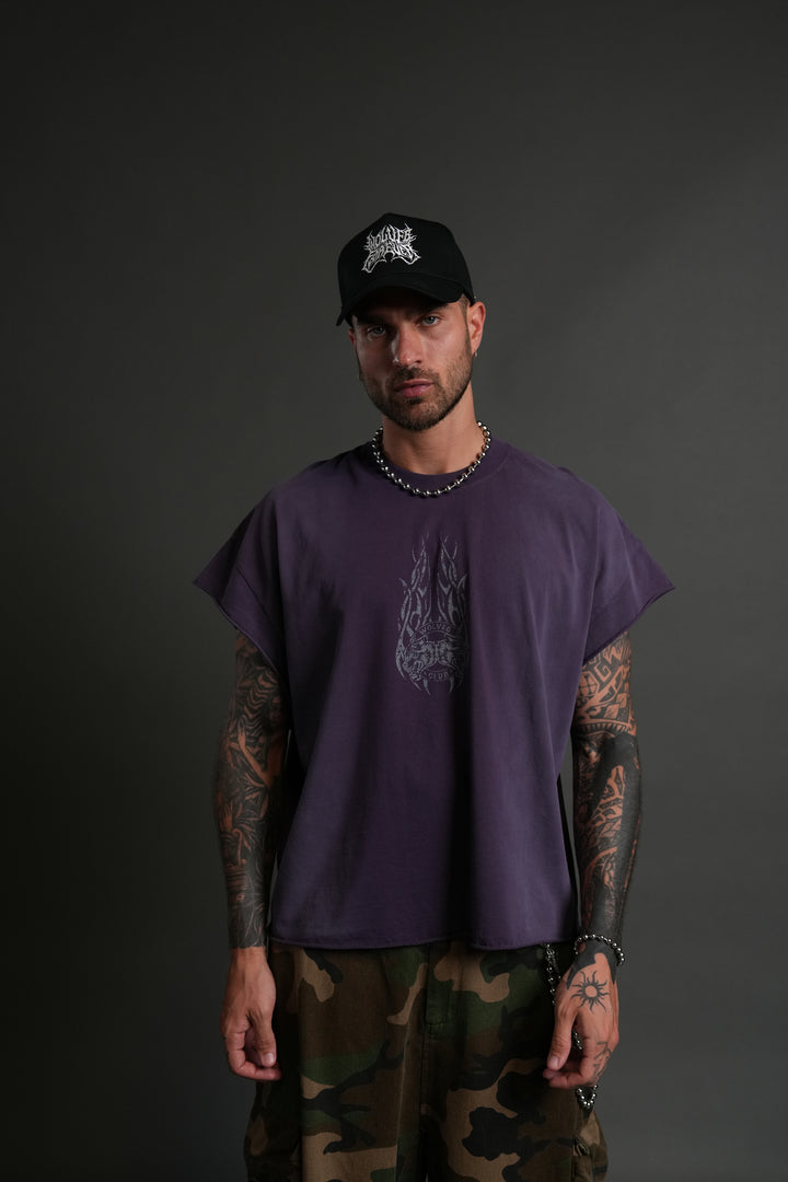 Finite Flame Grunge Cut-Off Tee in Phantom Purple Inverted Sun Fade