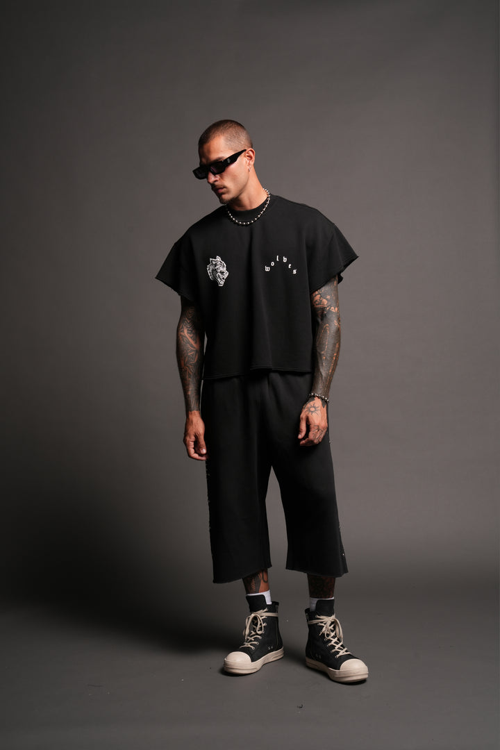 Wolf Pyramid Raw Hem Box Cut Cap Sleeve London Crewneck In Black