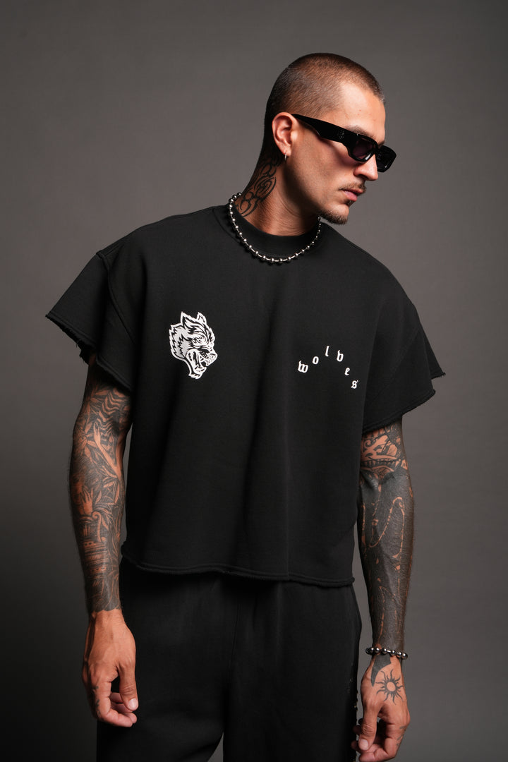 Wolf Pyramid Raw Hem Box Cut Cap Sleeve London Crewneck In Black