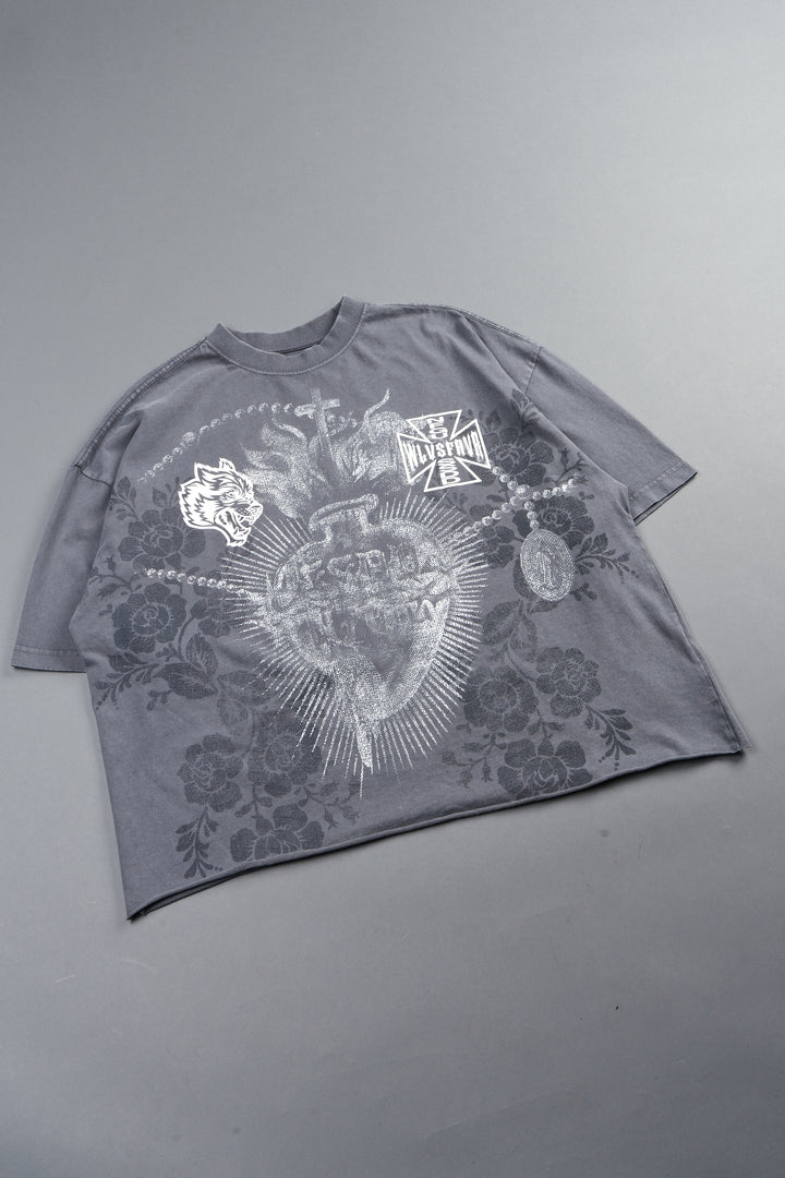 El Rosario Grunge Raw Hem Box Cut Tee In Slate Gray