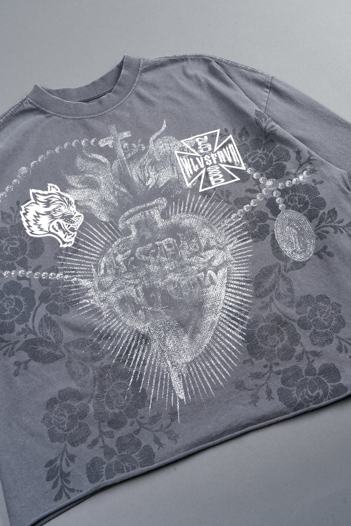 El Rosario Grunge Raw Hem Box Cut Tee In Slate Gray