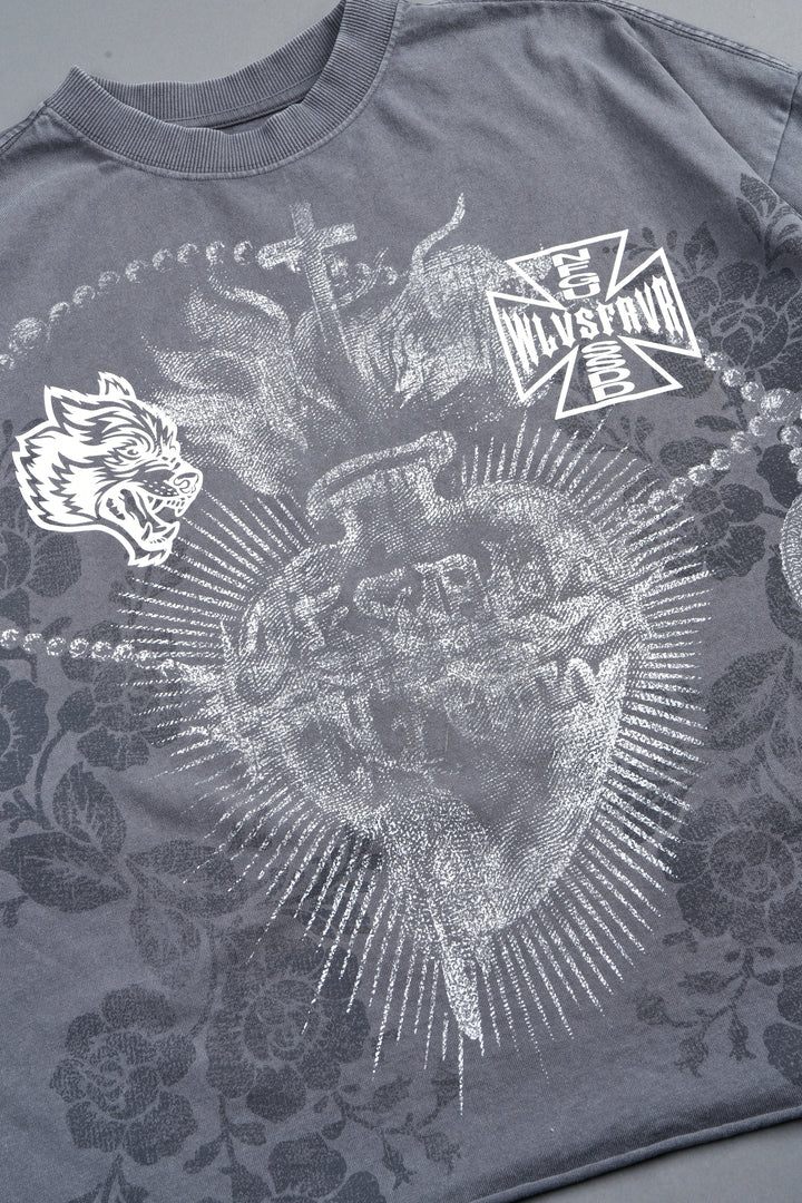 El Rosario Grunge Raw Hem Box Cut Tee In Slate Gray