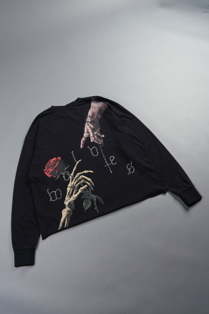 Hand That Holds Grunge Mid Length Raw Hem Ls Tee In Black