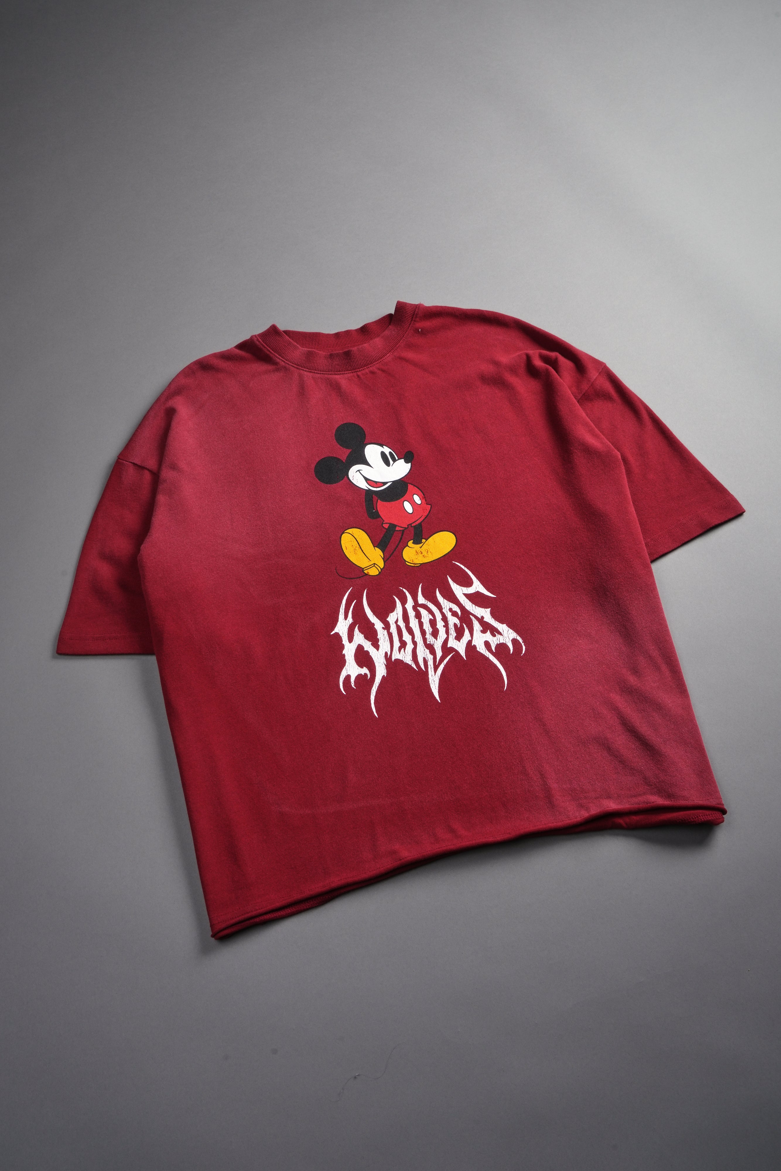 Mickey Mouse Hesh Premium Raw Hem Box Cut Tee in Carmine Red Sun Fade