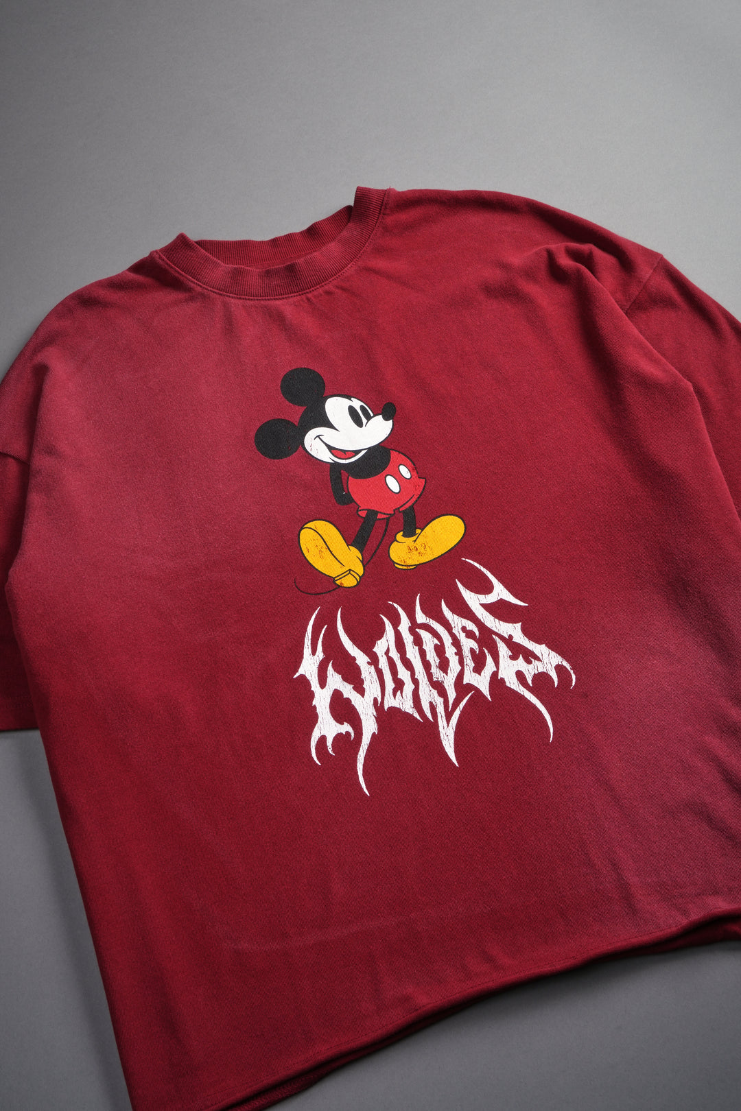 Mickey Mouse Hesh Premium Raw Hem Box Cut Tee in Carmine Red Sun Fade