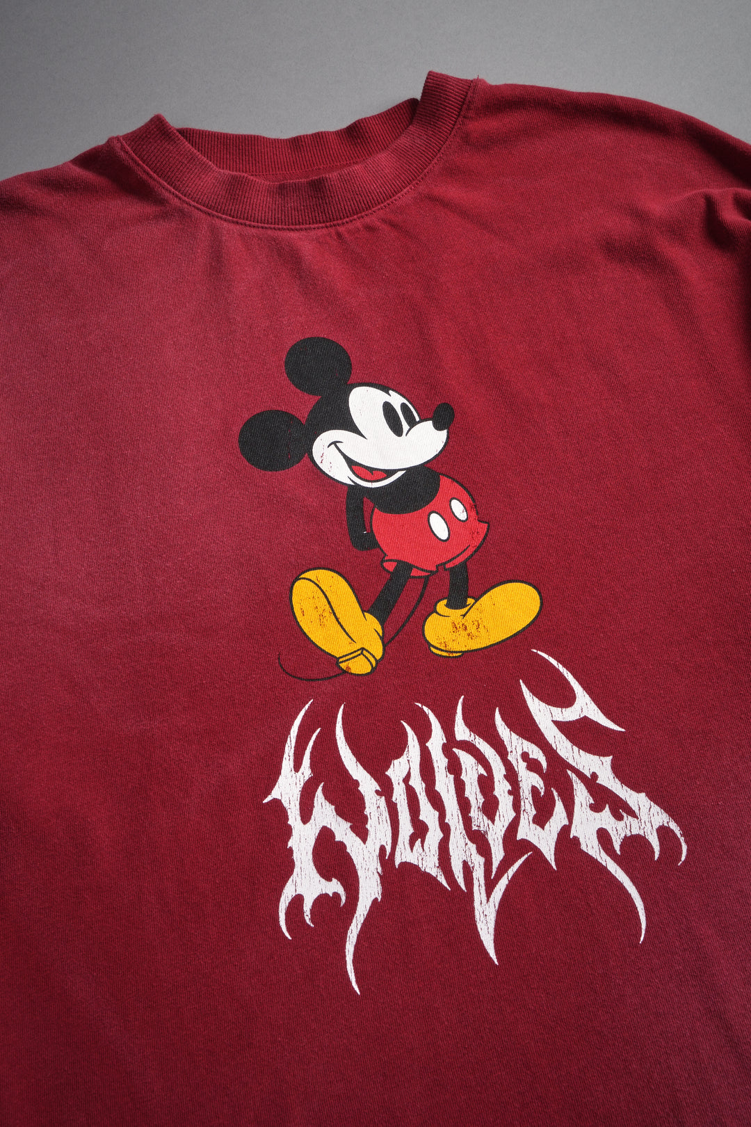 Mickey Mouse Hesh Premium Raw Hem Box Cut Tee in Carmine Red Sun Fade