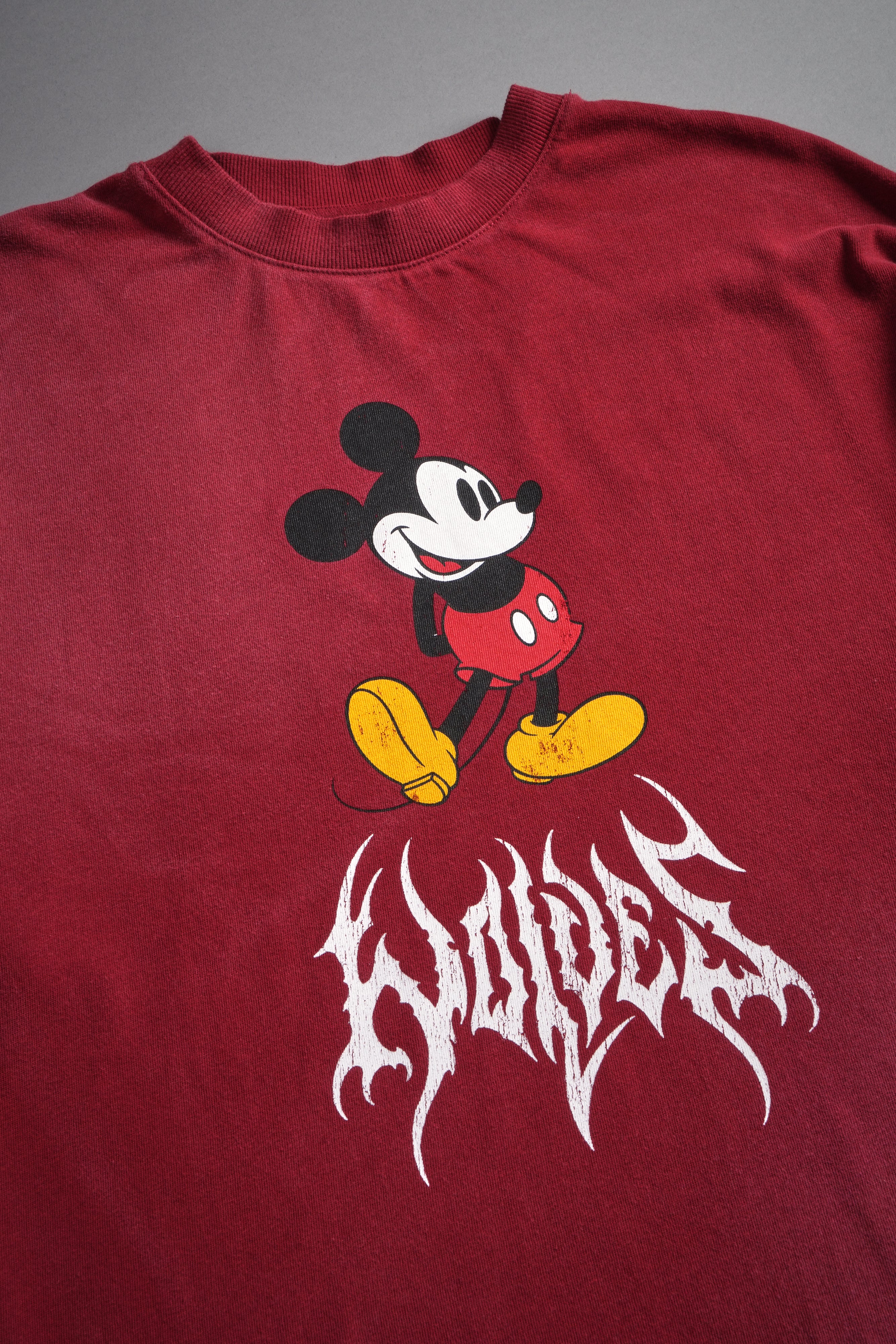 Mickey Mouse Hesh Premium Raw Hem Box Cut Tee in Carmine Red Sun Fade