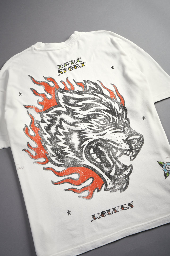 Wolf On Fire Energy Side-By-Side Series Premium Oversized Tee in Cream