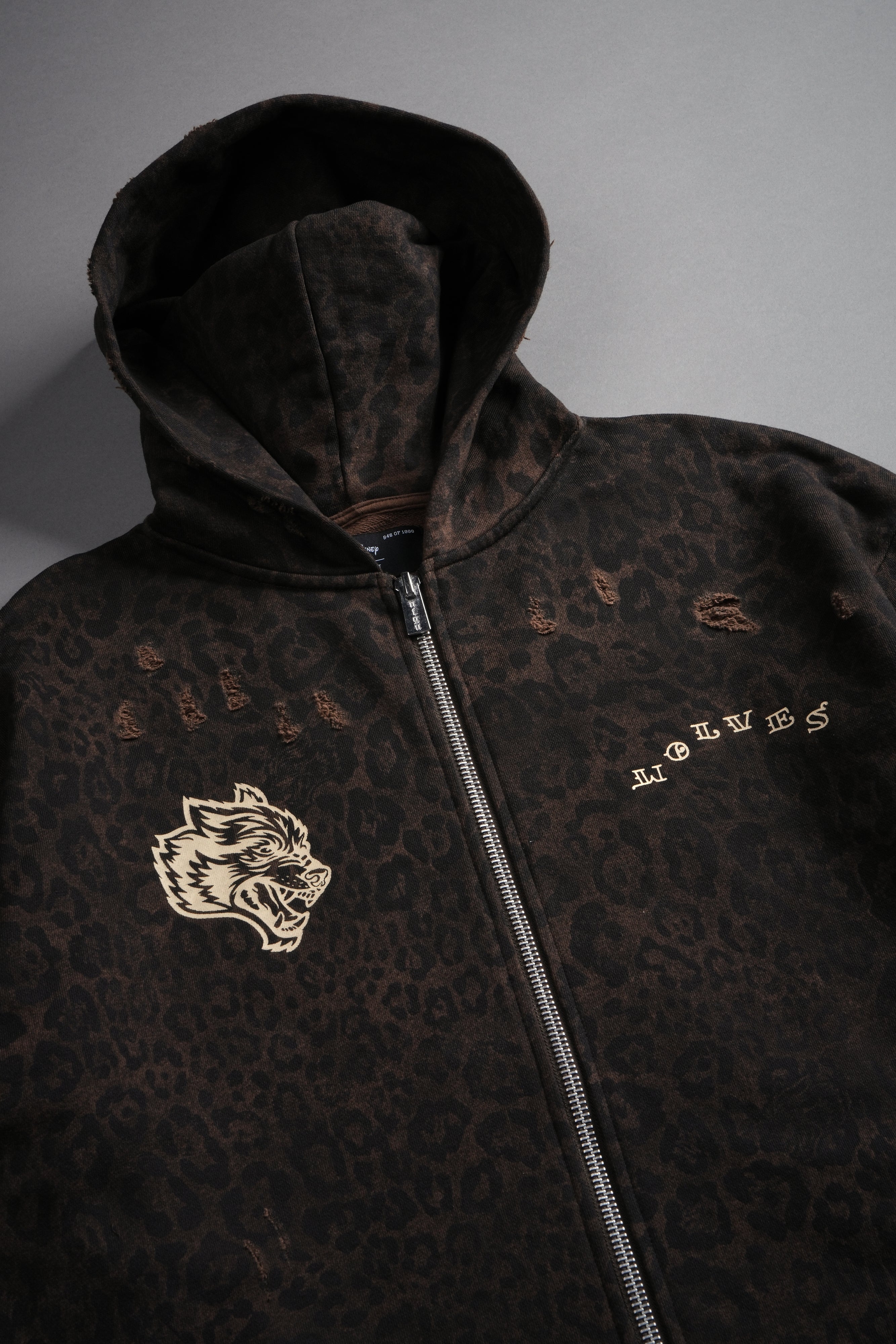 Mickey Mouse Pyramid Distressed Grunge Mid Length Raw Hem Zip Hoodie in Darc Brown Leopard