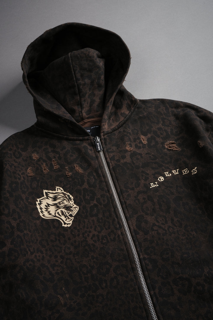 Mickey Mouse Pyramid Distressed Grunge Mid Length Raw Hem Zip Hoodie in Darc Brown Leopard