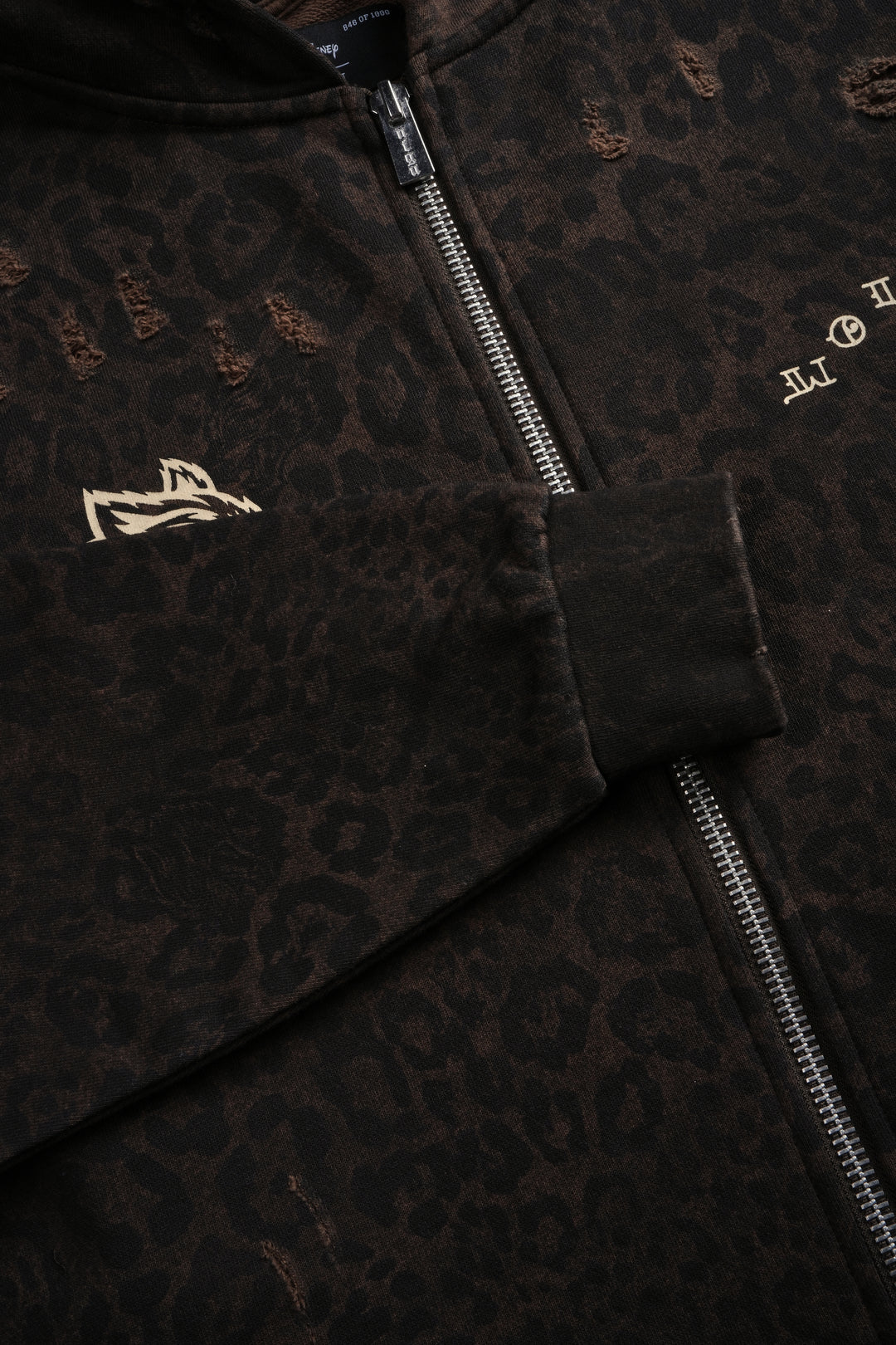 Mickey Mouse Pyramid Distressed Grunge Mid Length Raw Hem Zip Hoodie in Darc Brown Leopard