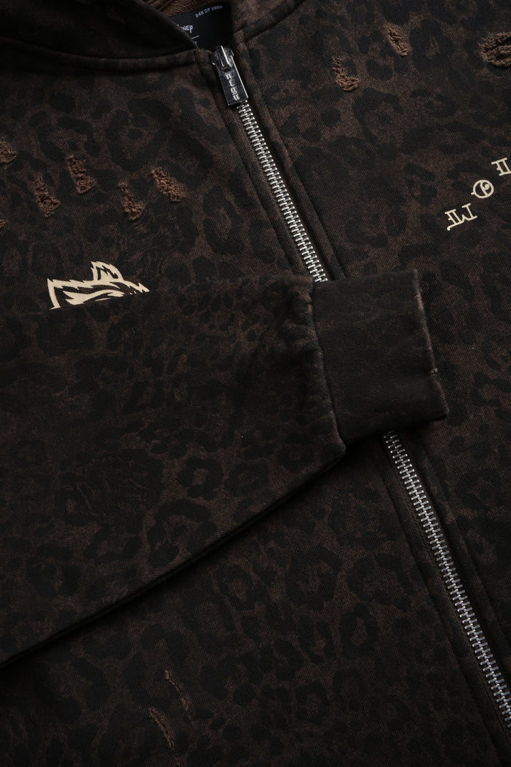 Mickey Mouse Pyramid Distressed Grunge Mid Length Raw Hem Zip Hoodie in Darc Brown Leopard