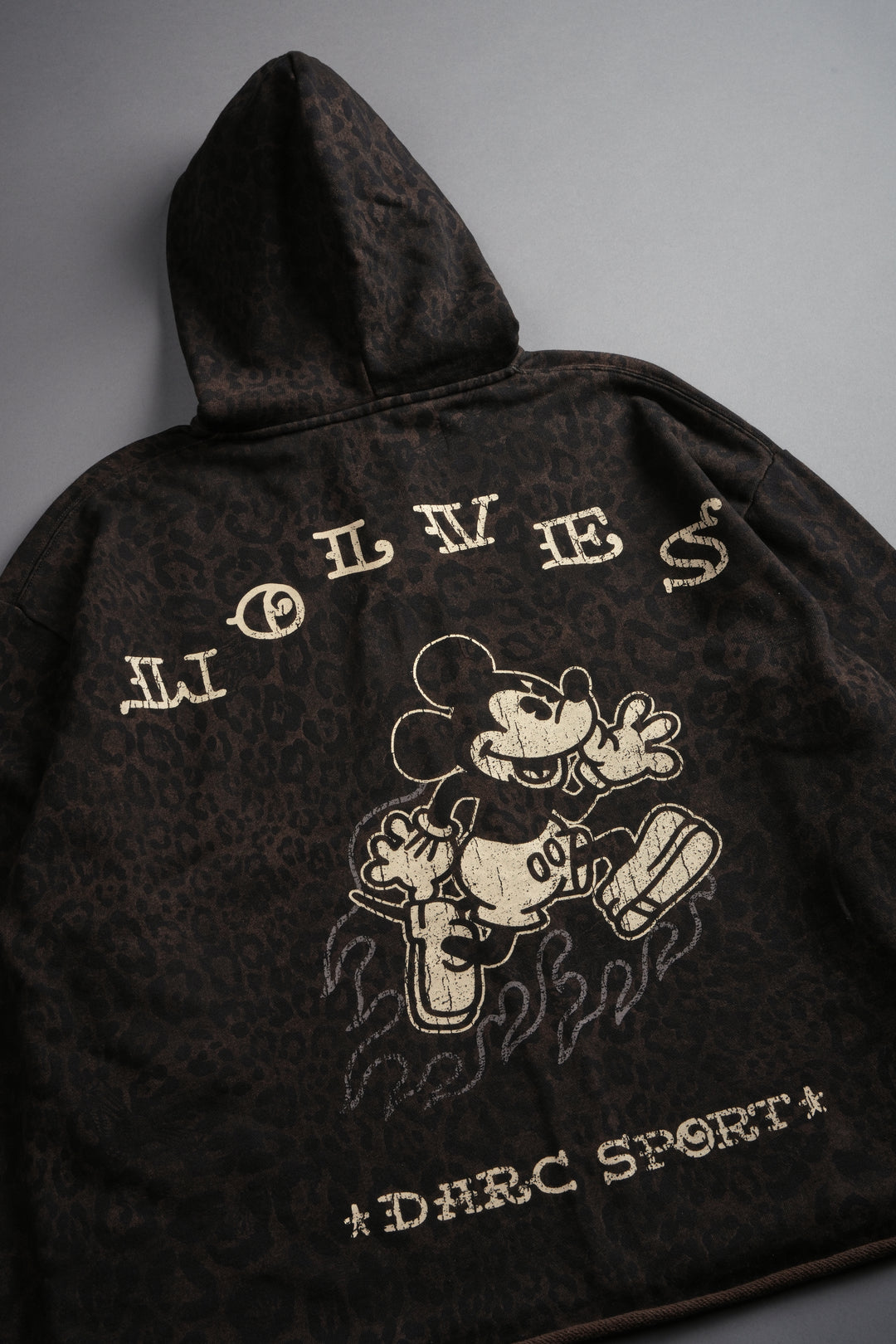 Mickey Mouse Pyramid Distressed Grunge Mid Length Raw Hem Zip Hoodie in Darc Brown Leopard