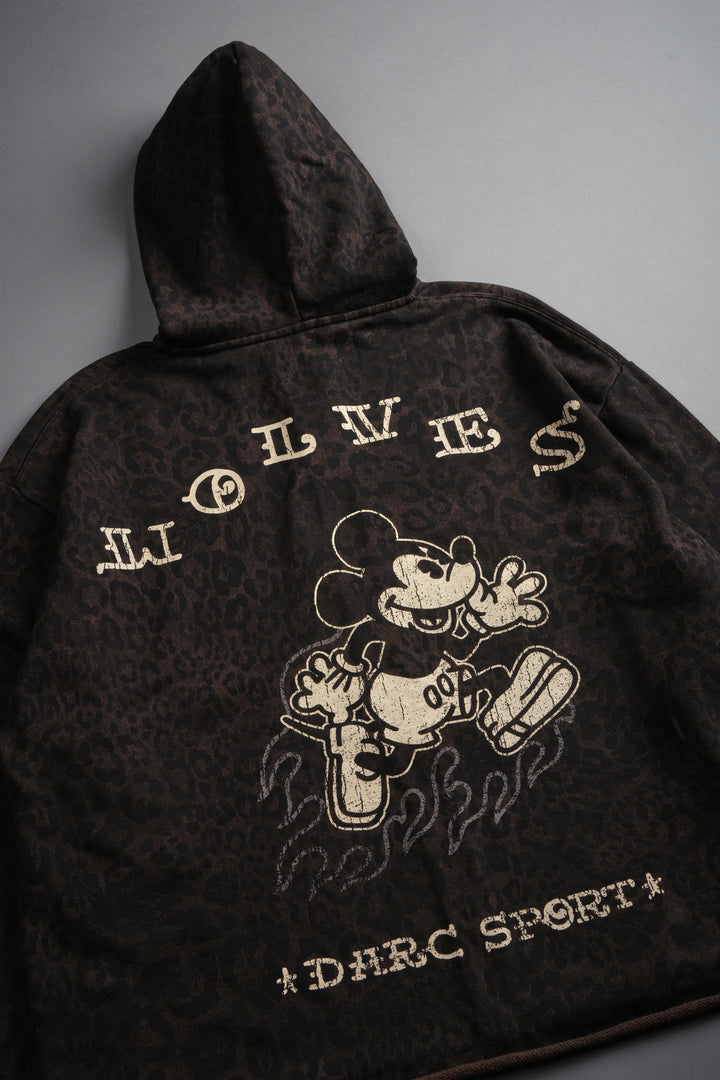 Mickey Mouse Pyramid Distressed Grunge Mid Length Raw Hem Zip Hoodie in Darc Brown Leopard