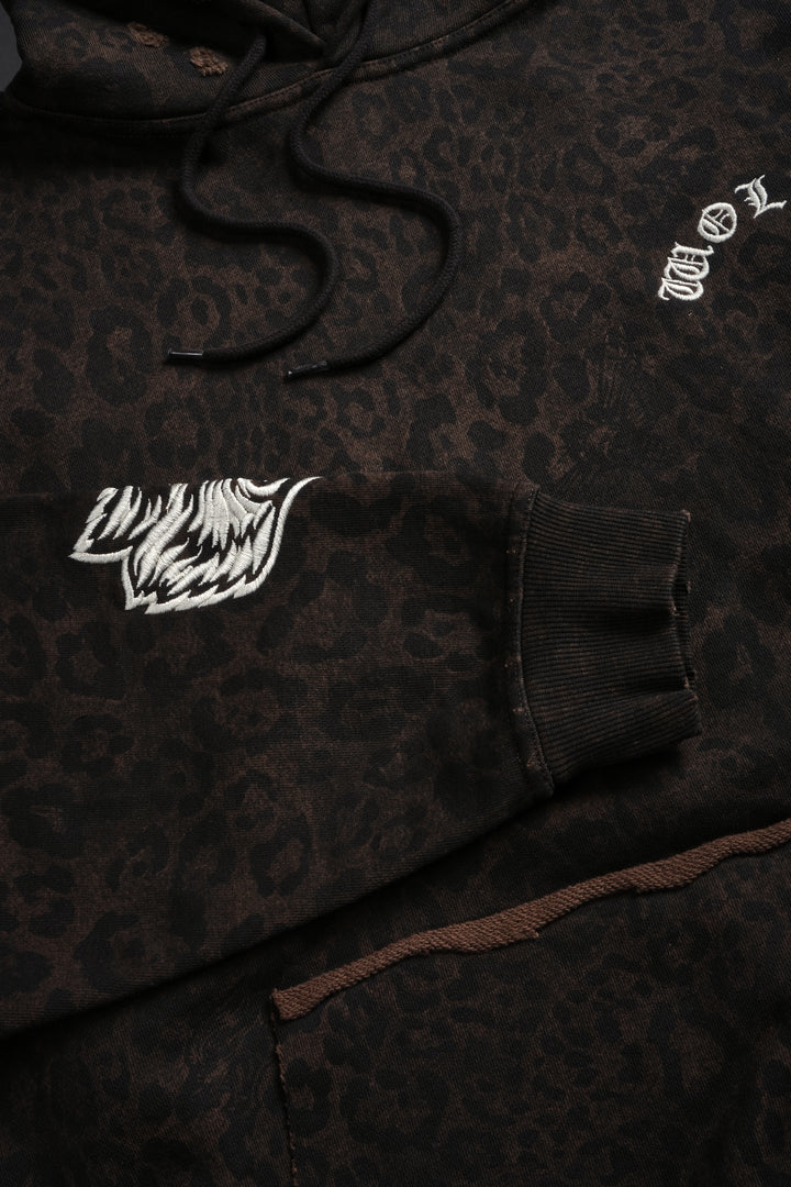 Embroidered Chopper Grunge Moatis Hoodie in Darc Brown Leopard