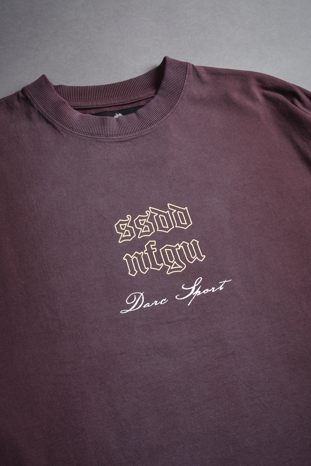 Sacred Fire Grunge Raw Hem "Box Cut" Tee in Darc Purple Spine Sun Fade