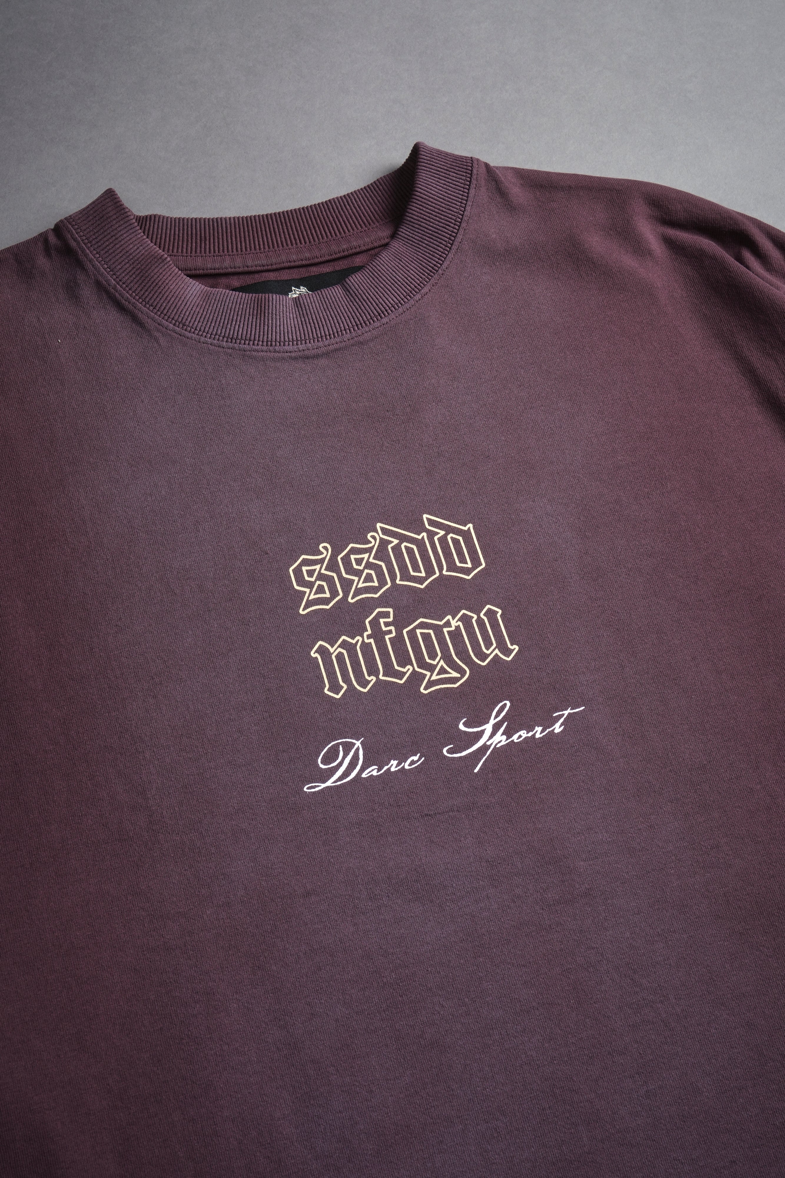 Sacred Fire Grunge Raw Hem "Box Cut" Tee in Darc Purple Spine Sun Fade