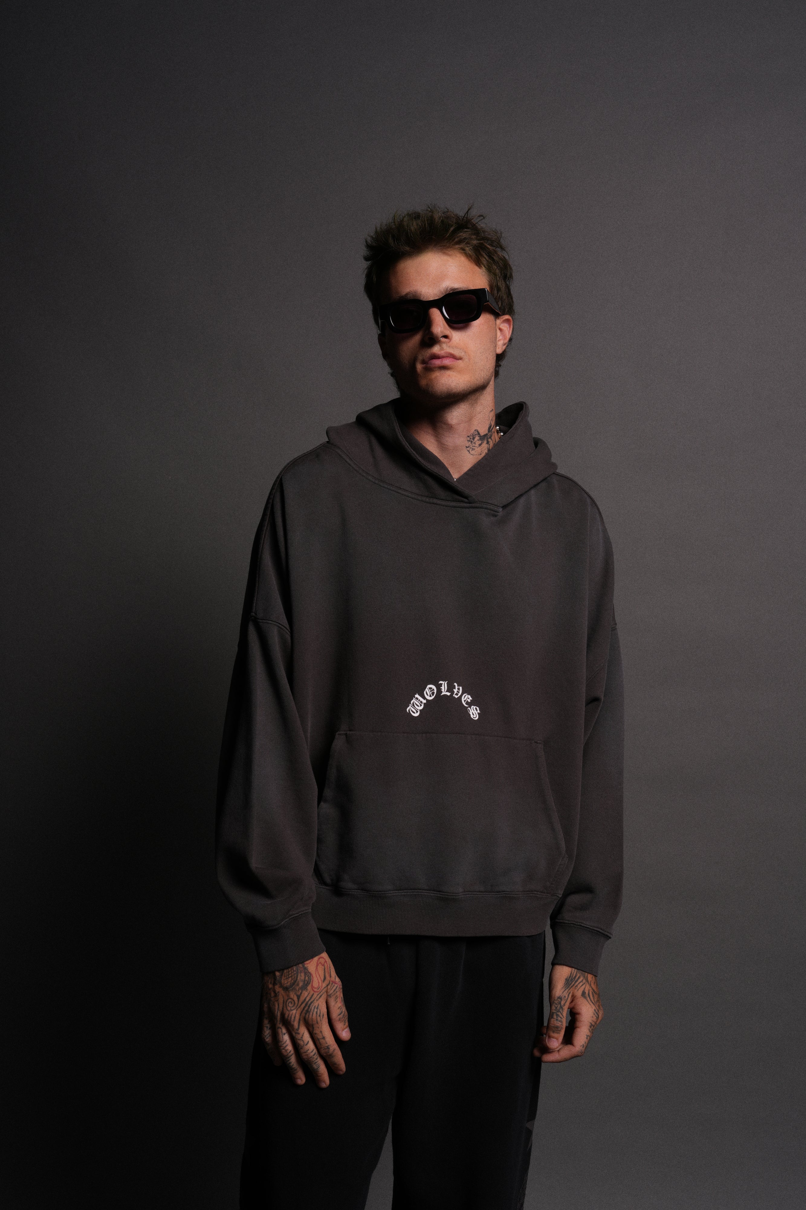 The Batman Forever Grunge "Gage Box Cut" Hoodie in Wolf Gray Drift Wash