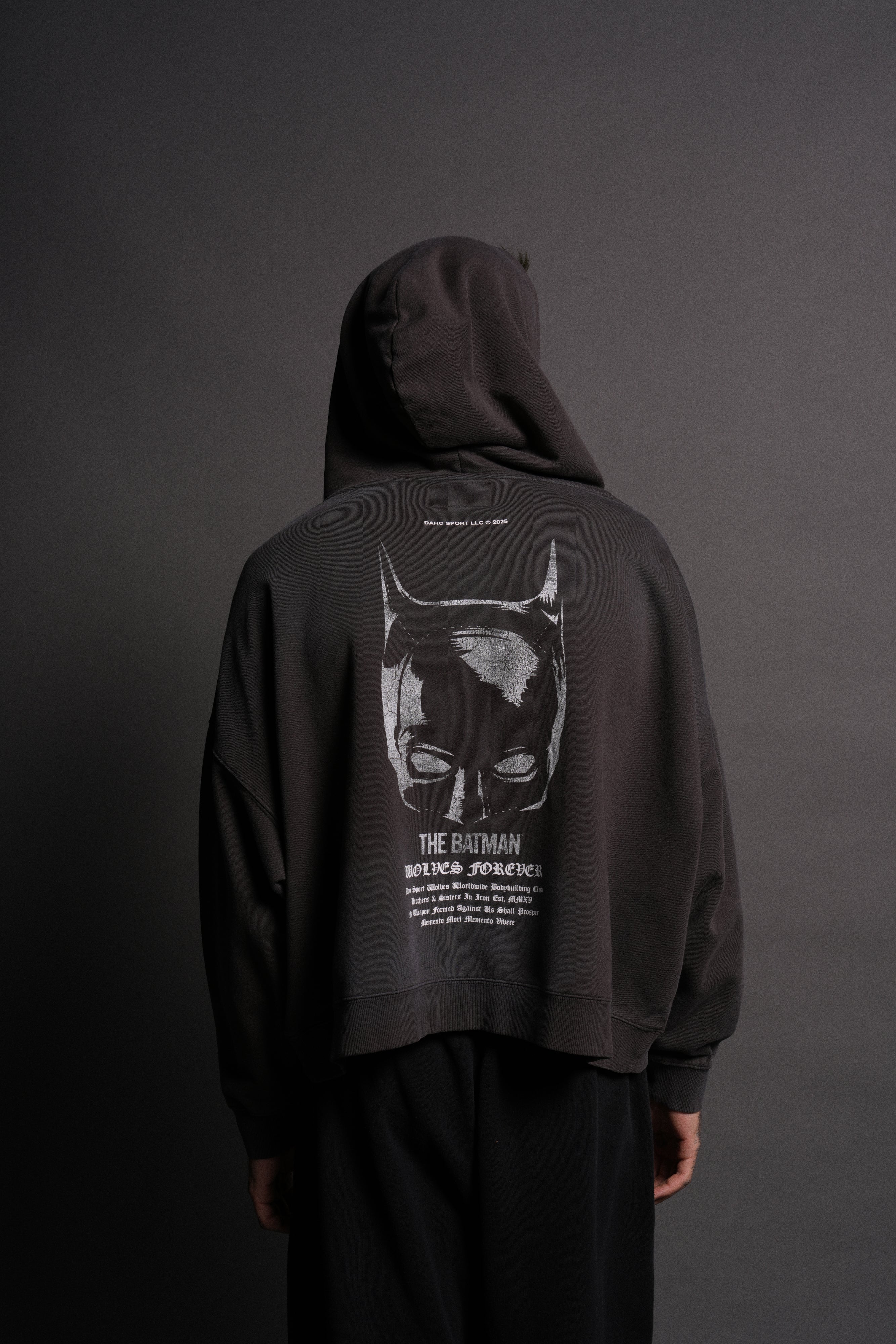 The Batman Forever Grunge "Gage Box Cut" Hoodie in Wolf Gray Drift Wash