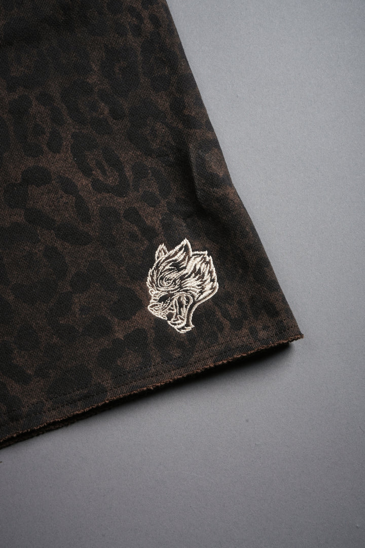 Dual Grunge Oversized Raw Hem Post Lounge Sweat Shorts in Darc Brown Leopard