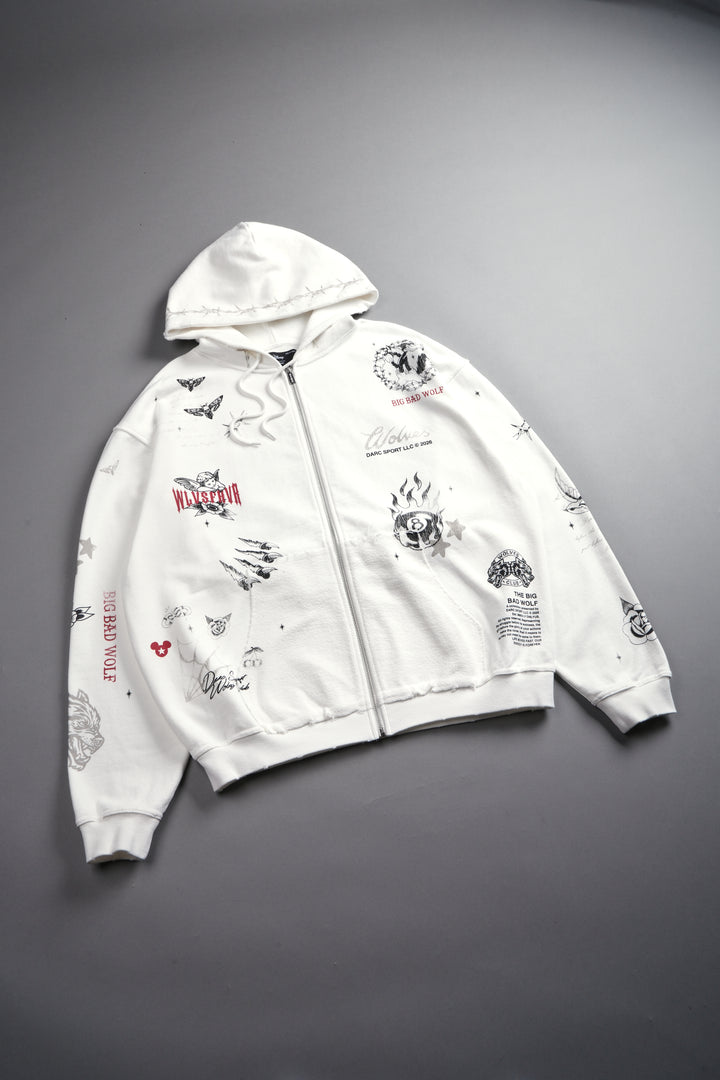 Big Bad Wolves Grunge Moatis Zip Hoodie in Cream