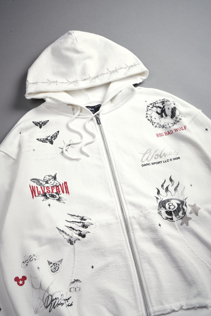 Big Bad Wolves Grunge Moatis Zip Hoodie in Cream