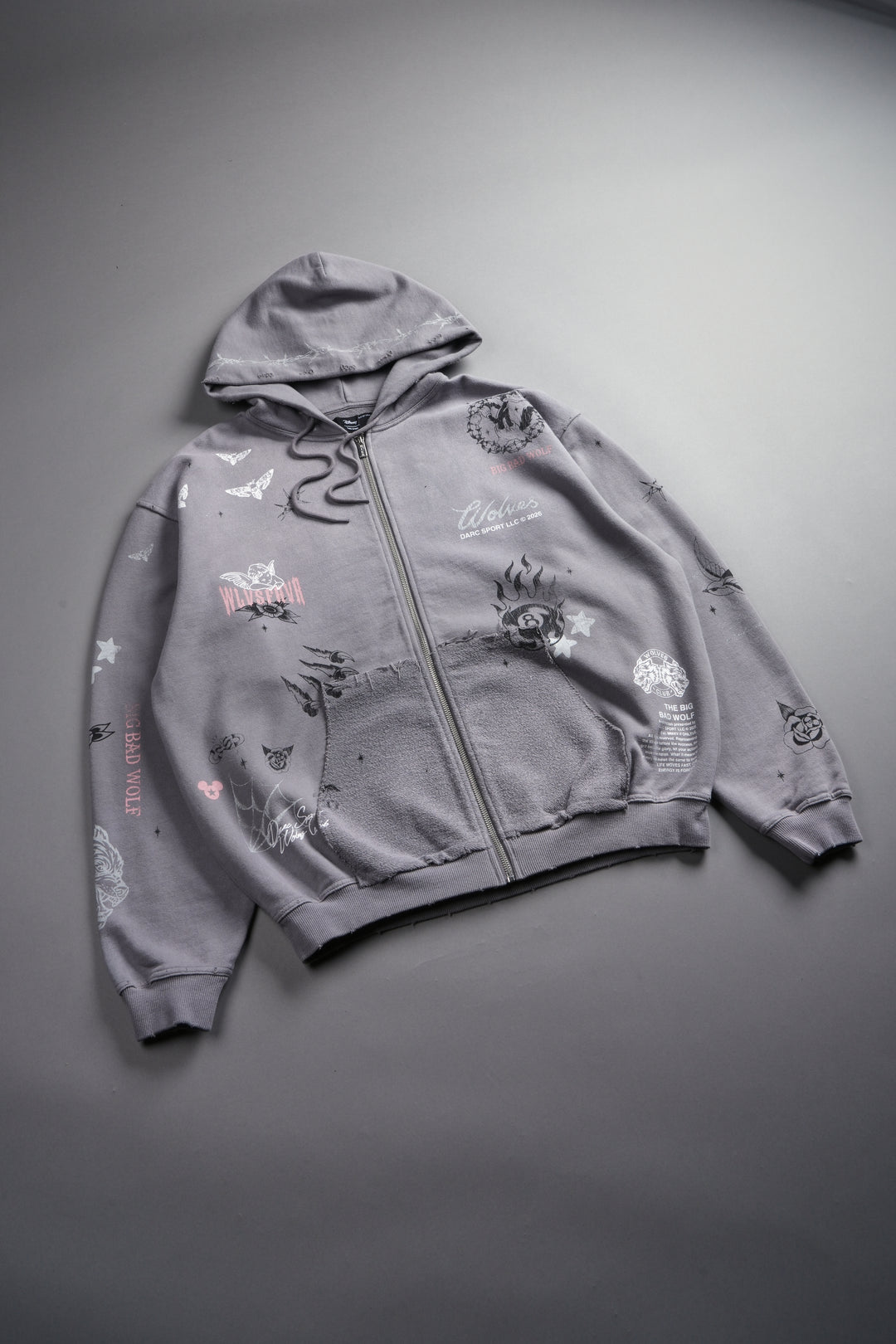 Big Bad Wolves Grunge Moatis Zip Hoodie in Dove Gray Drift Wash