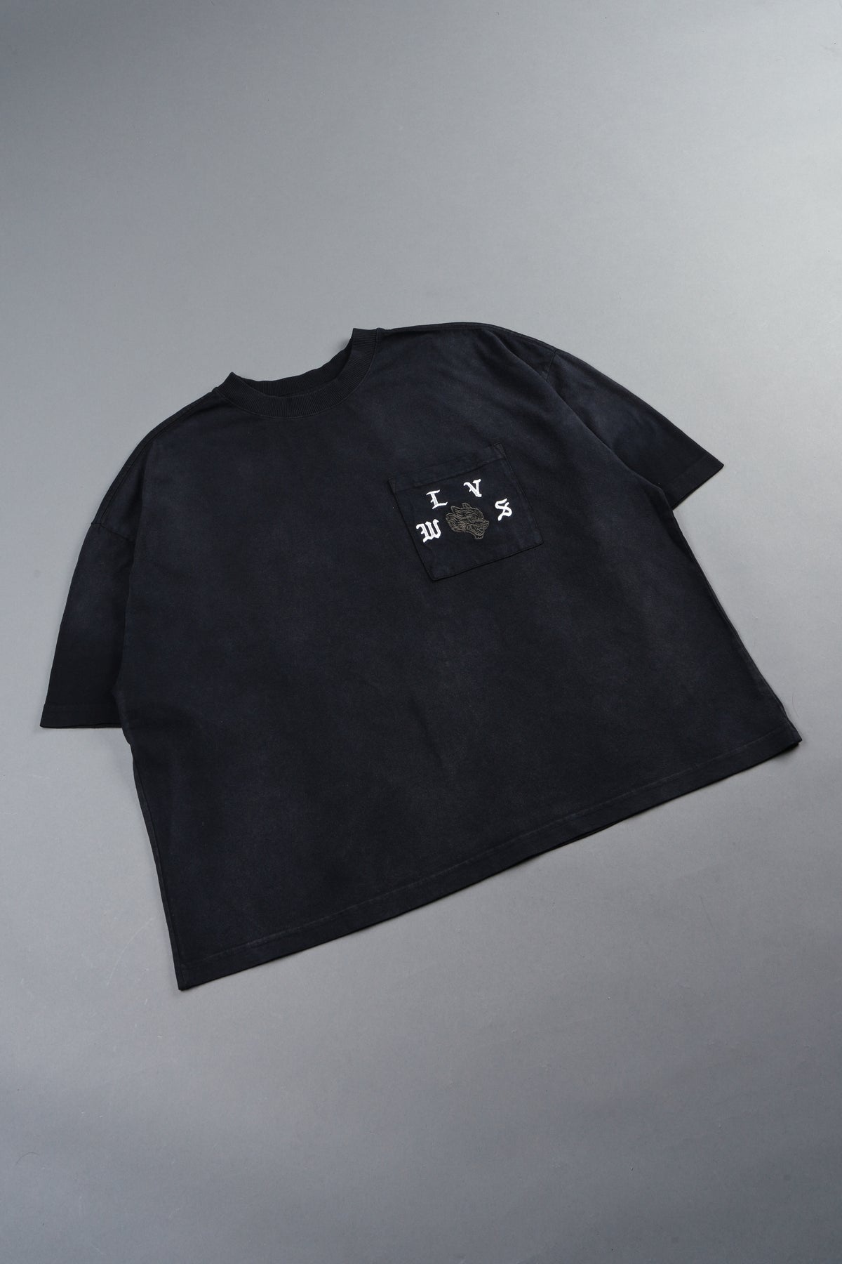 Our Crest Grunge Paul Box Cut Pocket Tee In Black Super Sun Fade