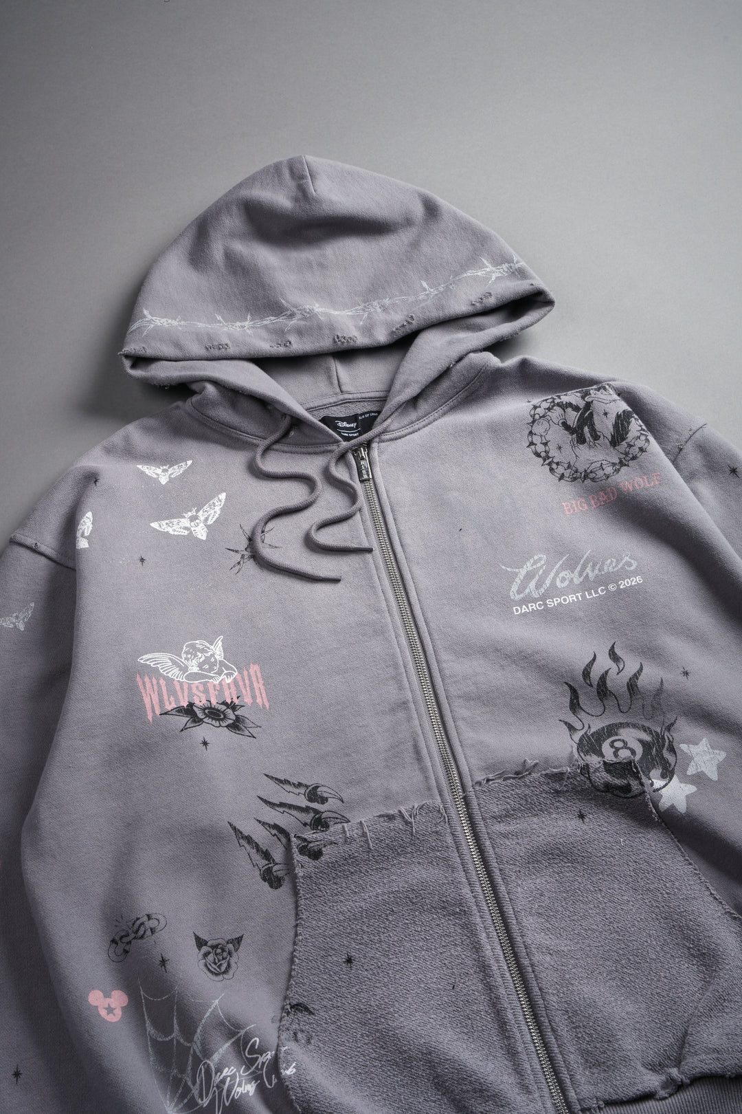 Big Bad Wolves Grunge Moatis Zip Hoodie in Dove Gray Drift Wash